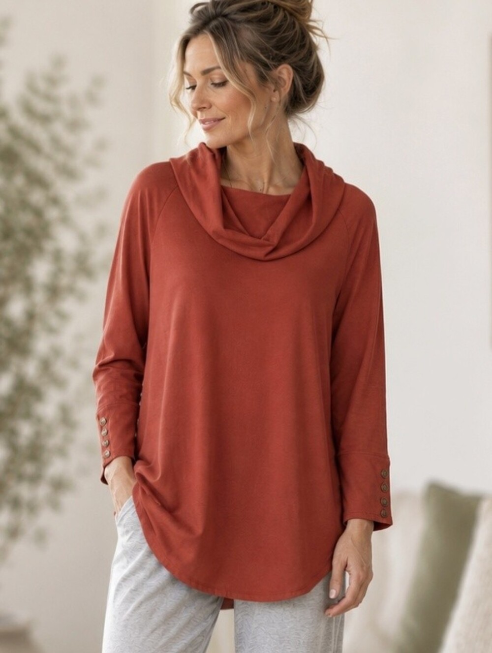 Soft Surroundings Cowl Neck Knit Tunic  Top Rust Terracotta Oversized Relaxed M